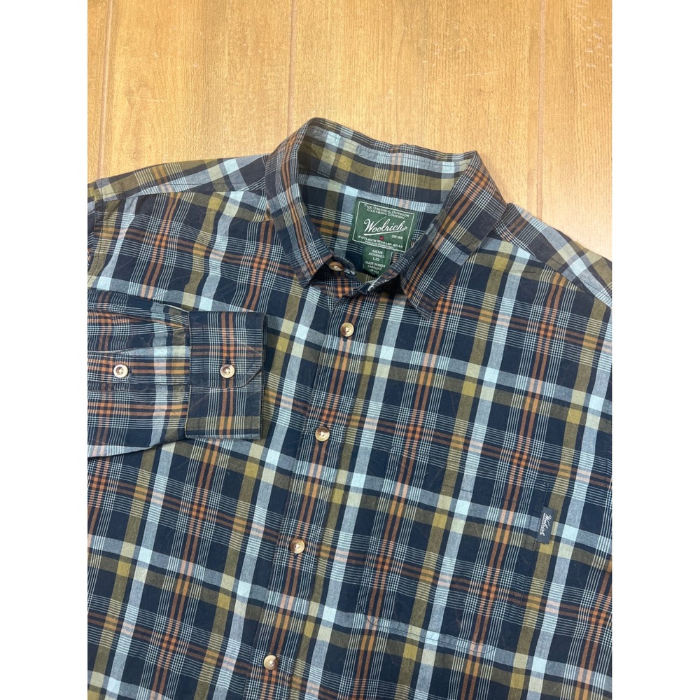 Woolrich Mens Plaid Long Sleeve Button Down Shirt Navy Blue Olive Large